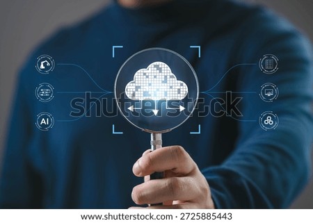 Magnifying glass highlighting cloud computing technology, representing data management, cloud storage, AI integration, digital transformation, system automation, and modern business infrastructure.