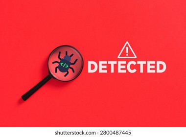 Magnifying glass highlighting a program software bug icon with code syntax on a red background with a detected warning message