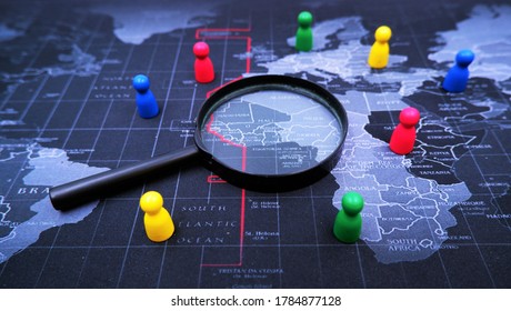Magnifying glass with human characters on map. Technology concept of intelligent connectivity, successfully develop people skills for digital economy during economic crisis from coronavirus impact.
