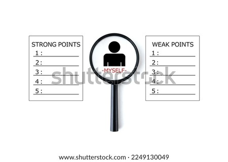 Magnifying glass with human pictogram and strong or weak point lists