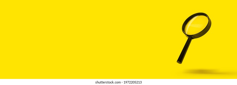 magnifying glass loupe magnifier search flies soars over yellow background. Banner.