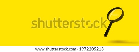 magnifying glass loupe magnifier search flies soars over yellow background. Banner.