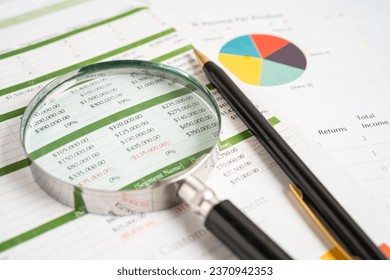 Magnifying glass on graph paper. Financial development, Banking Account, Statistics, Investment Analytic research data economy, Business concept.