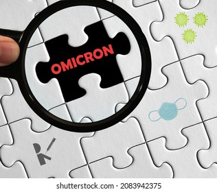 Magnifying Glass On Puzzle, Concept Illustrating New Omicron Variant, Pandemic, Covid, Vaccine.