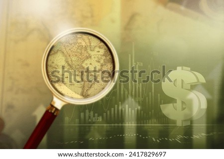 Magnifying glass on vintage retro USA map currency upgrade. Vintage camera on antique America map. America currency Up. Increasing USA currency.