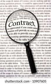 Magnifying glass over contract document, highlighting the word "contract."  Check that fine print!