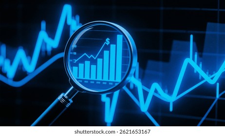 A magnifying glass over a financial chart, illustrating market analysis and business concepts, in blue light against a dark background.