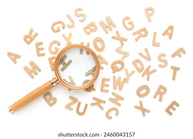 Magnifying glass and scattered English alphabets isolated on white background, glossary, find the right word to communicate, English learning