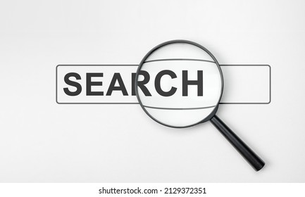 Magnifying glass with search bar on white background. Magnifier glass with search bar icon for SEO or Search Engine Optimisation wording concept. wide image