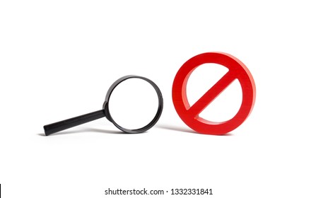 Magnifying Glass And Symbol NO On An Isolated Background. Search And Inability To Find. No Search Results. Find The Information You Need, Bans And Secrecy. Freedom Of Information And Speech.