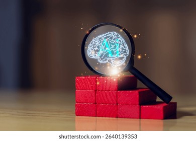 Magnifying glass zooming in on digital brain graphic with data visualization, symbolizing artificial intelligence, deep learning, and cognitive research. brain, analysis, AI, magnifying.