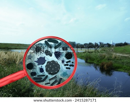 Magnifying lens with simulated algae, plankton, germs, viruses, bacteria in the water. Bank of a river or lake.
