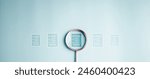 magnifying, search, checklist, data, list, check, file, magnification, find, contract. A magnifying glass is looking at a series of check boxes. Concept of organization and attention to detail.