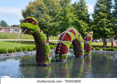 MAGOG QUEBEC CANADA 08-27-17: 3D Mosaiculture Of Memphre The Monster Of Memphremagog Lake. In Canadian Folklore, Memphre Is A Long-necked Lake Monster That Allegedly Lives In Lake Memphremagog