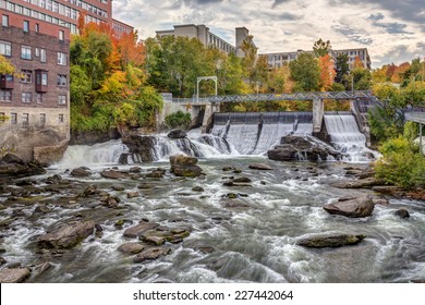 Magog River At The Heart Of Sherbrooke City, In The Eastern Townships With Fall Colors