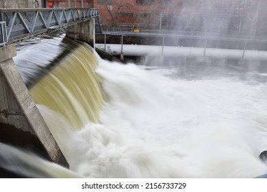 Magog River Sherbrooke Downtown Abenakis Dam Rushing Water And Long Exposure Effect.