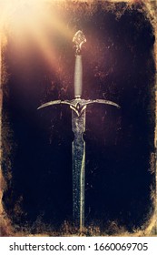 Magyc sword on moss background, old photo effect.