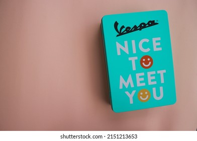 Maha Sarakham, Thailand -1 May 2022 : Vespa Welcome Kit Tin Box On  Beige Background 