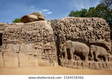 Mahabalipuram, Arjuna's Penance, Largest Bas Relief in India, Arjuna's Penance, Descent of the Ganges, Over 150 sculptures in one relief carved in the 8th Century AD. 