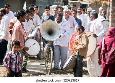 MAHARASHTRA, INDIA December 18, 2011: Hindu Wedding Procession Brass Band Music, December 18, 2011, Rural Village Salunkwadi, Ambajogai, Beed, Maharashtra, India, South East Asia.