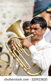 MAHARASHTRA, INDIA December 18, 2011: Hindu Wedding Procession Brass Band Music, December 18, 2011, Rural Village Salunkwadi, Ambajogai, Beed, Maharashtra, India, South East Asia.