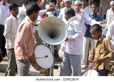 MAHARASHTRA, INDIA December 18, 2011: Hindu Wedding Procession Brass Band Music, December 18, 2011, Rural Village Salunkwadi, Ambajogai, Beed, Maharashtra, India, South East Asia.