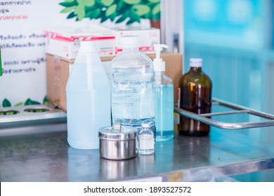 Mahasarakham, Thailand - 14 January 2021:Wound Care Dressing Set On Stainless Steel Plate. Cotton Ball With Alcohol, Cotton Stick With Povidone-iodine, Forceps And Conform Bandage.