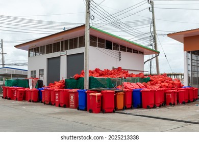 Mahasarakham, Thailand - 15 August 2021:infectious Waste Storage Facility And Infectious Waste From Mahasarakham Hospital That Put In A Red Bag To Be Destroyed