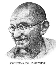 Mahatma Gandhi (1869-1948). Portrait from indian rupee banknote close up