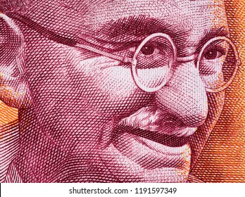 Mahatma Gandhi Face Portrait On India 200 Rupee (2017) Banknote Close Up Macro, Leader Of The Indian Independence Movement, Father Of Nation