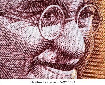 Mahatma Gandhi Face Portrait On India 200 Rupee (2017) Banknote Close Up Macro, Leader Of The Indian Independence Movement, Father Of Nation