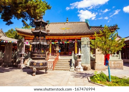 Mahavira Hall (Hall of Ceremony) of Luohou temple. The Luohou temple is one of Mount Wutai Temples. The Mount Wutai is one of famous Buddhist holy land and tourism destination in China.