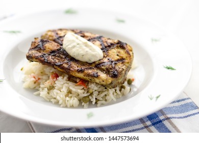 Mahi Mahi Grilled Fish With Rice Closeup View. 