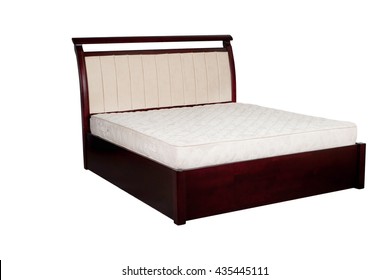 Mahogany Wooden Bed With A White Mattress On White Background