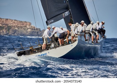 Mahon, Spain - October 30, 2021: The Alegre Sail Team Manoeuvring During The 52 SUPER SERIES Menorca Sailing Week.