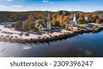 Mahoney Bay, Lunenburg, Nova Scotia - Aerial views of the iconic and most famous three churches of Mahone Bay. UNESCO. St James Anglican Church. St John