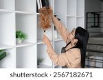 Maid cleaning shelves modern home image of housekeeper at work bright interior close up view clean environment