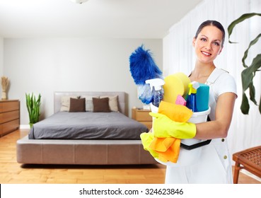 Maid Woman With Tools. House Cleaning Service Concept.