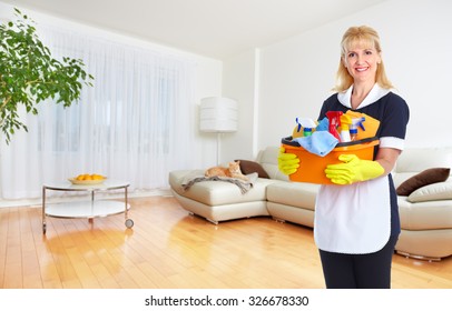 Maid Woman With Tools. House Cleaning Service Concept.