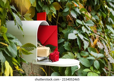 Mail box with envelope, gift and rose flower outdoors