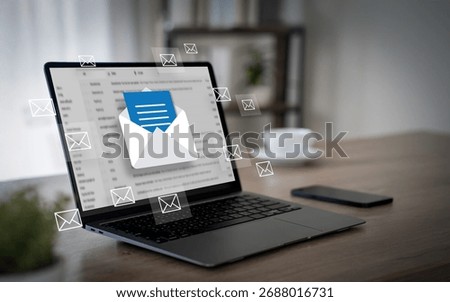 Mail Communication Connection message to mailing Inbox email client and floating envelope icons on a wooden desk, newsletter delivery and notifications.