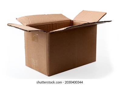 Mail Delivery Packaging, Paper Recycling, Package Shipping And Parcel Delivering Concept With Open Storage Brown Cardboard Box With No People Isolated On White Background With Clipping Path Cutout