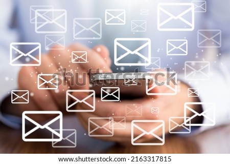 Mail messaging icon, human sending large amount of SMS messages on phone.