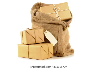 Mail Sack Or Post Bag With Brown Paper Packages And Address Label, Isolated