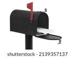 Mailbox full with envelopes, isolated on white background, red flag pointing up. Clipping paths.