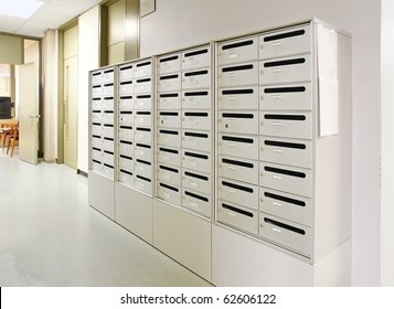 Mailbox In The Hallway Of A Stark Public Office Or School Building.