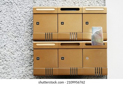  Mailbox In A Row In Letter Box Office Of Apartment. Post Office And Envelope Mail Delivery Business Concept. Postbox Lock.                              