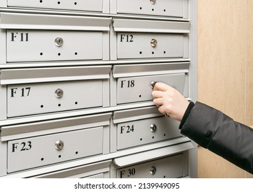 Mailboxes In Condominium. Mail Boxes In Apartment Entrance, Residential Building Mailbox, Lobby Service With Modern Lockers, Privacy Letterboxes, Correspondence Concept