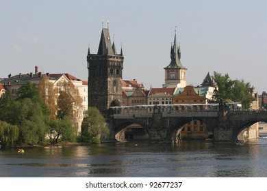Main Bridge of Prague with clock tower,connecting the northern part of the city to the south in Eastern Europe