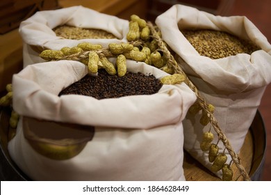 The Main Building Blocks And Essential Fundamental Ingredients Of Beer. Flakes Grains Barley. Home Brew. Craft Beer. Hop Pellets, Yeast.